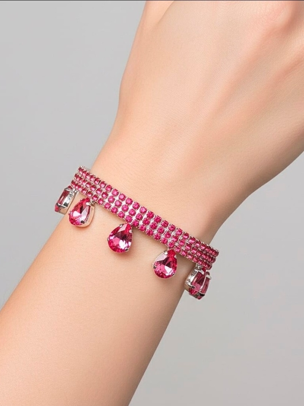 Sparkling Pink 💕 Austrian Crystal Dripping Bracelet in Silvertone (7.50-9.50In)